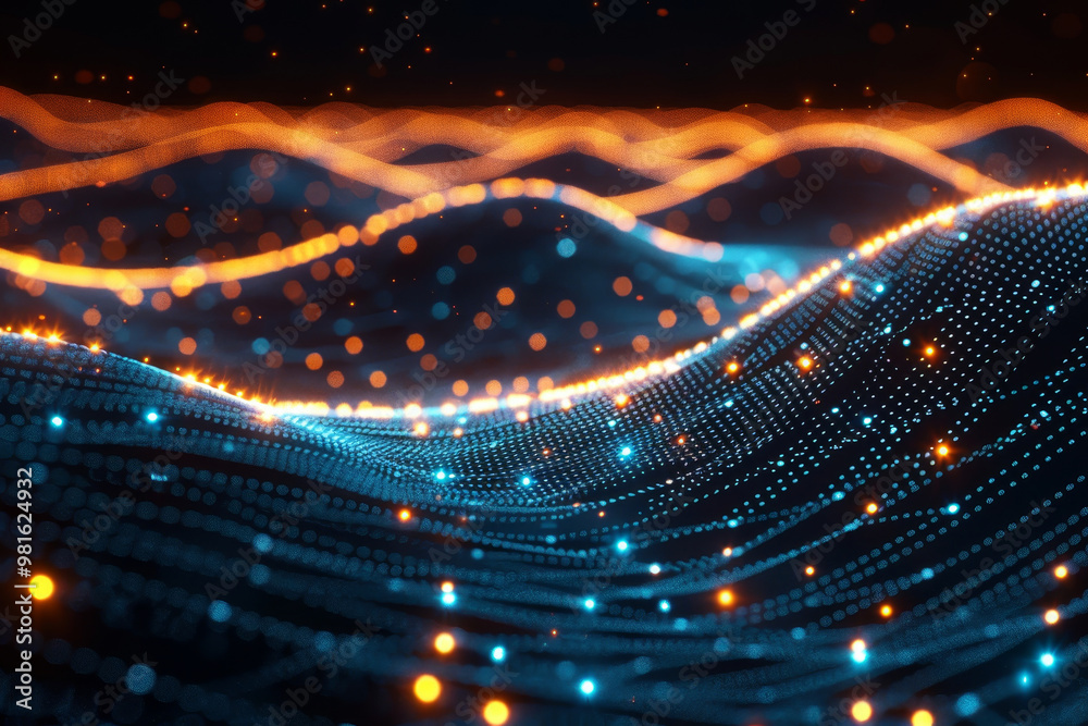 Fototapete luminous wave patterns in hues of orange and blue create a mesmerizing digital landscape, showcasing