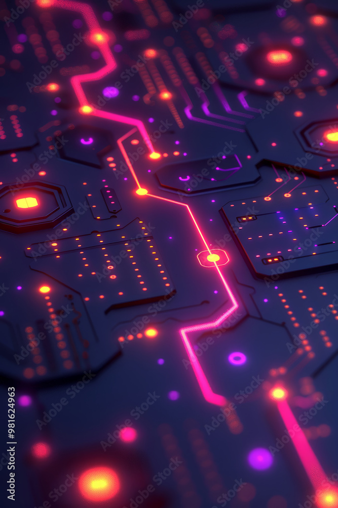 Poster a vibrant display of neon lights illuminates intricate circuit patterns, creating a visually strikin