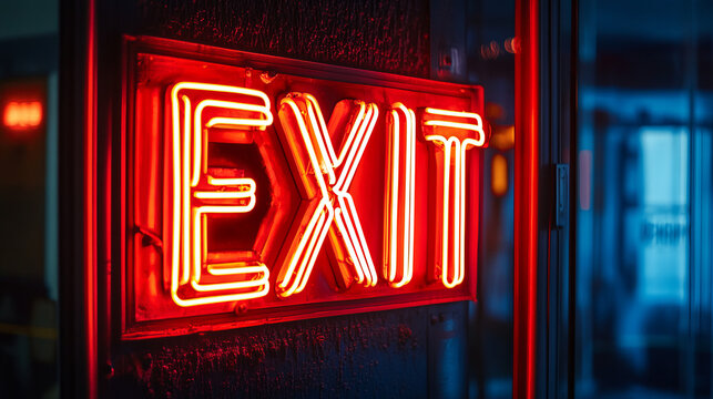 Large neon Exit sign glowing red orange reflecting on door dark noir nighttime urban city street background the way out concept big bright illuminated letters copy space  - Powered by Adobe