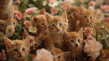 Adorable kittens surrounded by decorative flowers