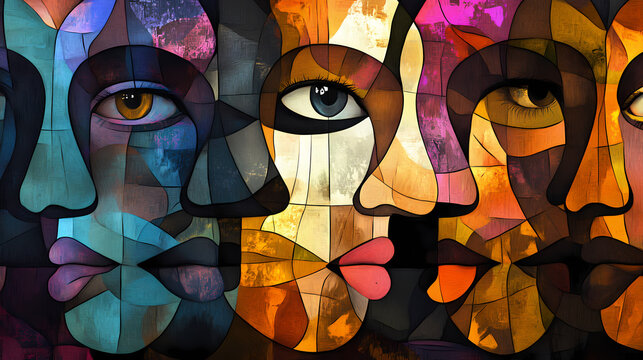 Abstract faces collage with expressionism and cubism style as background, wallpaper, or art print. generative ai. Expressionism. Illustration