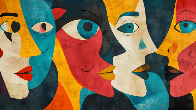Abstract faces collage with expressionism and cubism style as background, wallpaper, or art print. generative ai. Expressionism. Illustration