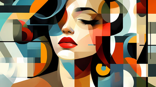 Abstract painting of a woman in a modern, geometric art, contemporary, and cubism style, ideal for wall art, printing design, and artistic poster. Cubism. Illustration