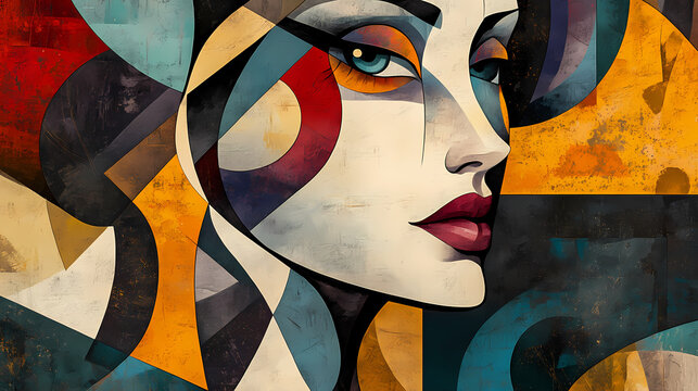 Abstract painting of a woman in a modern, geometric art, contemporary, and cubism style, ideal for wall art, printing design, and artistic poster. Cubism. Illustration