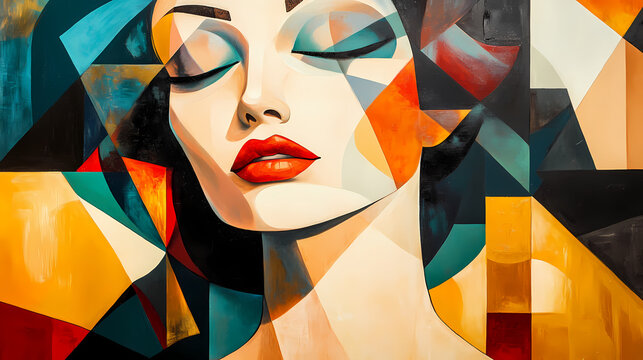 Abstract painting of a woman in a modern, geometric art, contemporary, and cubism style, ideal for wall art, printing design, and artistic poster. Cubism. Illustration