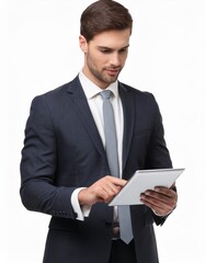 Businessman Using a Tablet for Work Isolated on White Background, Clipping Path, Full Depth of Field