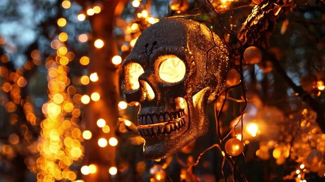 A glittering skull ornament hangs amidst glowing string lights, creating a festive atmosphere at dusk, perfect for a seasonal celebration or Halloween event.