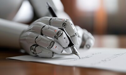 Robotic Hand Holding a Pen Writing on White Paper: Symbolizing Digitization and AI Artificial Intelligence