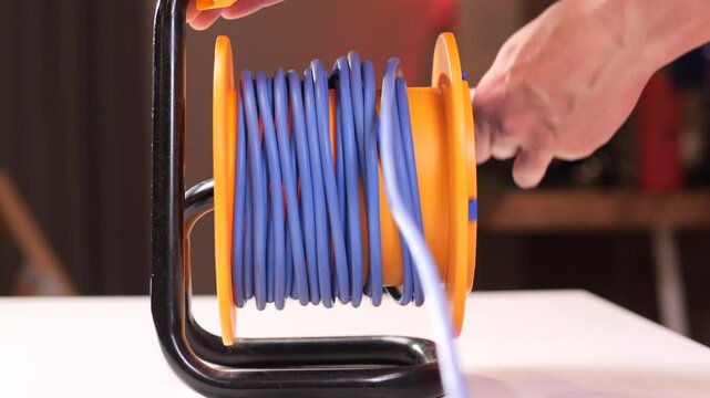An electrician winds an extension cord onto a plastic reel
