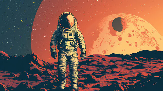 Astronaut mars planet space travel vintage retro illustration scifi adventure futuristic outdated cosmic exploration nostalgic. Nostalgic. Illustration