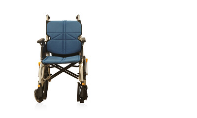 front view blue and black and silver wheel chair on white background, object,  comfortable, travel, jaunt, technology, seat, hospital, copy space