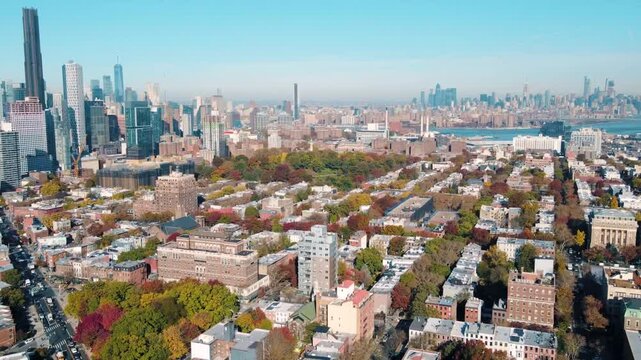 Aerial landscape of Prospect Heights Brooklyn city skyline during fall in New York City NY