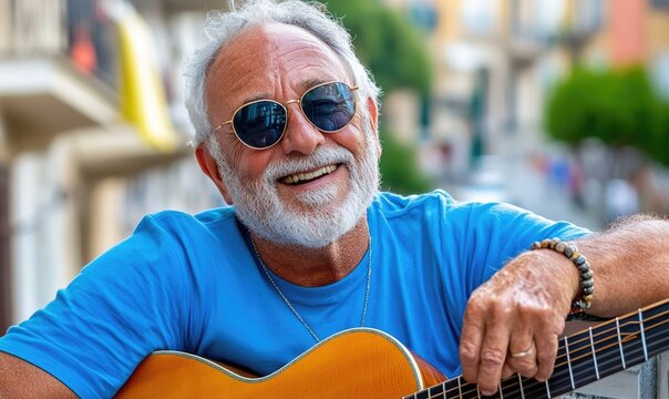 Senior Artist with Acoustic Guitar: Retired Musician Playing on a Town Balcony, Reflecting on Memories with Blues or Folk Song