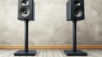 A pair of black speakers stand on stands against a textured wall. The speakers are facing each...