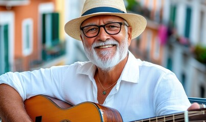 Senior Artist with Acoustic Guitar: Retired Musician Playing on a Town Balcony, Reflecting on Memories with Blues or Folk Song