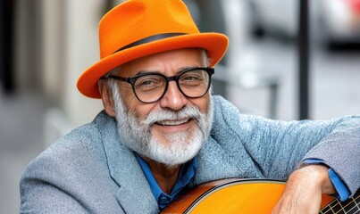 Senior Artist with Acoustic Guitar: Retired Musician Playing on a Town Balcony, Reflecting on Memories with Blues or Folk Song