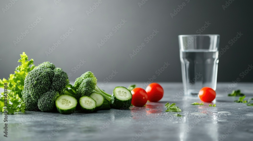 Canvas Prints Broccoli, cherry tomatoes and sliced cucumber next to a glass of water on a neutral background. Emphasis on healthy eating and hydration balance. The concept of diabetes awareness and prevention. AI.