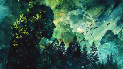 Fototapeta premium Double exposure of a woman's silhouette merging with nature and flying birds