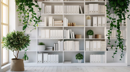 White bookshelf with plants and folders against the wall