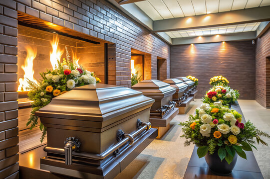 Caskets with Floral Arrangements in Modern Crematorium Setting