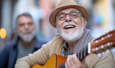 Senior Artist with Acoustic Guitar: Retired Musician Playing on a Town Balcony, Reflecting on Memories with Blues or Folk Song