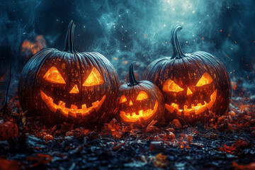 Fototapeta premium Spooky Jack-o-Lanterns Glowing in the Night: Halloween Tradition
