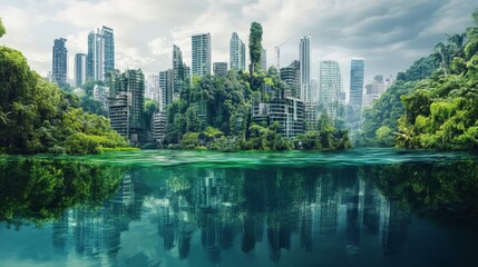 Futuristic Cityscape Rises Among Lush Greenery and Serene Waters in a Climate-Changed World. Generative AI