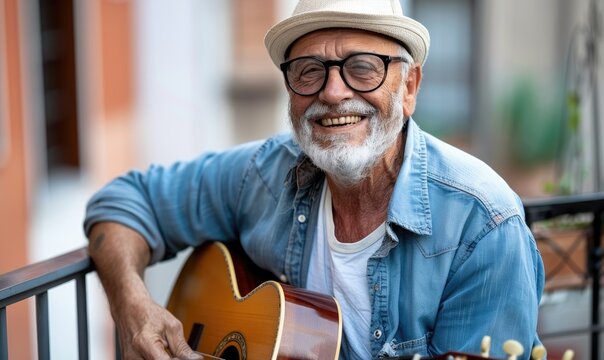 Senior Artist with Acoustic Guitar: Retired Musician Playing on a Town Balcony, Reflecting on Memories with Blues or Folk Song