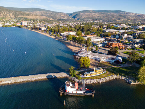 Penticton, Canada - September 15, 2024: Aerial drone view of SS Sicamous on the shore of Okanagan Lake in Penticton, British Columbia, Canada.
Penticton Okanagan Lake SS Sicamous Okangan Valley Aerial
