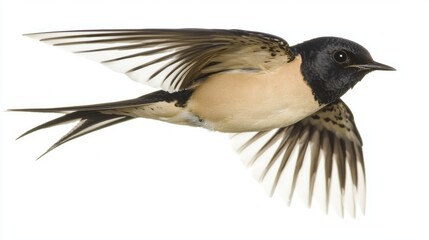 Gliding effortlessly, a barn swallow exhibits its elegant forked tail and pointed wings, embodying the beauty of avian flight in a serene moment of movement.