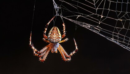 spider hanging on web with black background