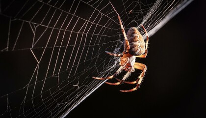 spider hanging on web with black background