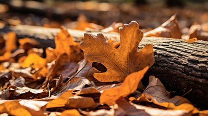 Fototapeta premium A single, dried oak leaf lies on a bed of fallen leaves, its intricate veins and texture highlighted by the warm autumn light.