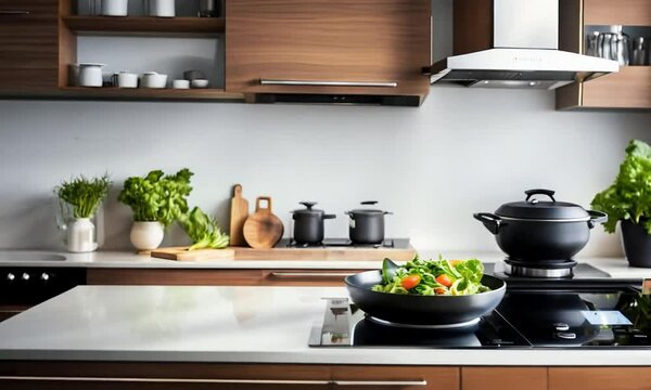 Sleek modern kitchen with induction stove and fresh vegetables on the table