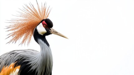 crested crane stands tall with its striking feathers and slender neck, presenting a captivating display of elegance and grace against a pristine white backdrop.