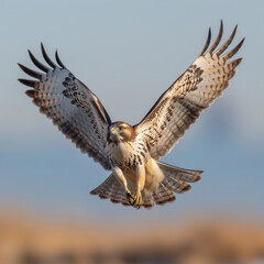 Obraz premium A hawk glides effortlessly through the air, its wings outstretched against a backdrop of a clear blue sky at sunset, showcasing its majestic presence in flight.