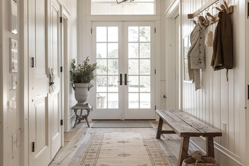 A white hallway with a white door and a hat on the door.,