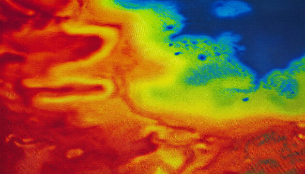 Abstract thermal of a landscape, showing variations in temperature.