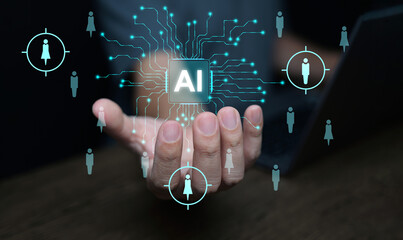 AI technology for HR, Human resources. A man uses artificial intelligence to manage and recruit employees. Automate the hiring process