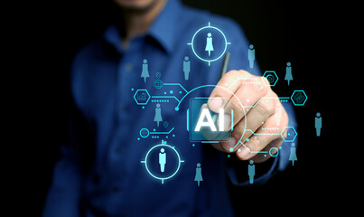 AI technology for HR, Human resources. A man uses artificial intelligence to manage and recruit employees. Automate the hiring process