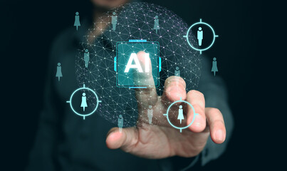 AI technology for HR, Human resources. A man uses artificial intelligence to manage and recruit employees. Automate the hiring process