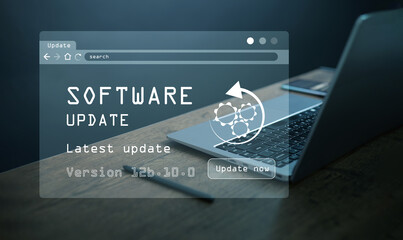 Software update concept. Laptop with virtual software update screen. Business updates program for better performance, security and new features