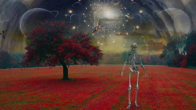Skeleton in surreal landscape