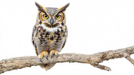 Obraz premium great horned owl sits gracefully on a branch, its vibrant yellow eyes captivatingly reflecting its surroundings, while feathered tufts accentuate its regal appearance.