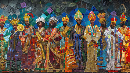 abstract mosaic art depicting African women with cosmic elements