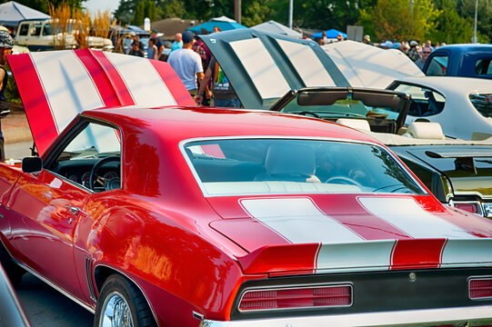 Rear view of vintage muscle cars at show.