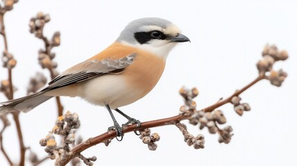 Fototapeta premium striking northern shrike is nestled on a slender branch, its distinctive hooked beak prominently displayed as it gazes intently, embodying the essence of avian grace.