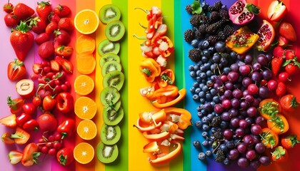 Vibrant display of fresh fruits and vegetables on a striking rainbow backdrop