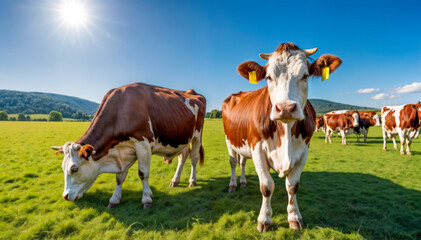 Obraz premium A herd of cows grazing on a green field in the countryside under a clear blue sky with the sun shining, representing agriculture and rural life