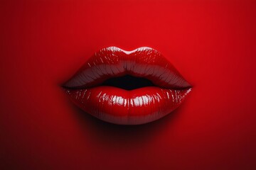 Beautiful red female lips with red lipstick isolated on black empty background with space for text or inscriptions
